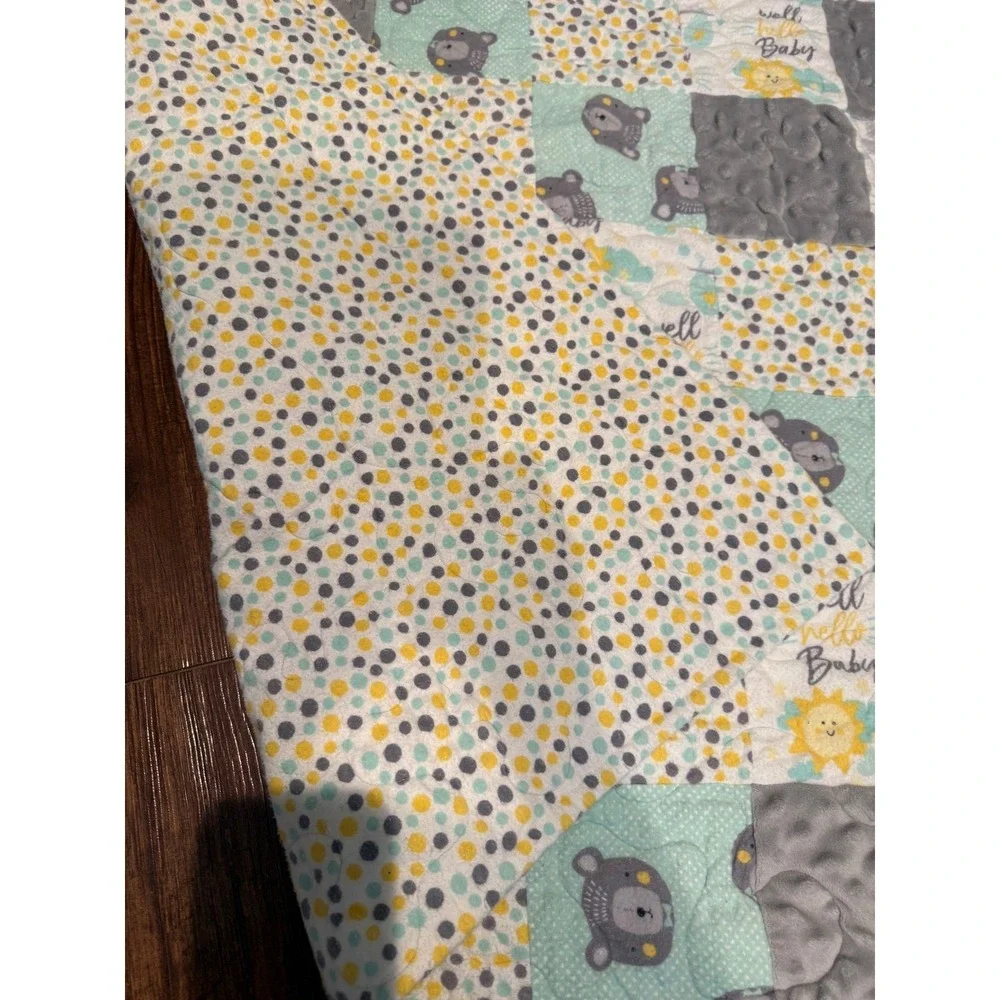 Patchwork Baby Blanket Quilt Squares Bear Lion Sun Nursery Decor Gift 44